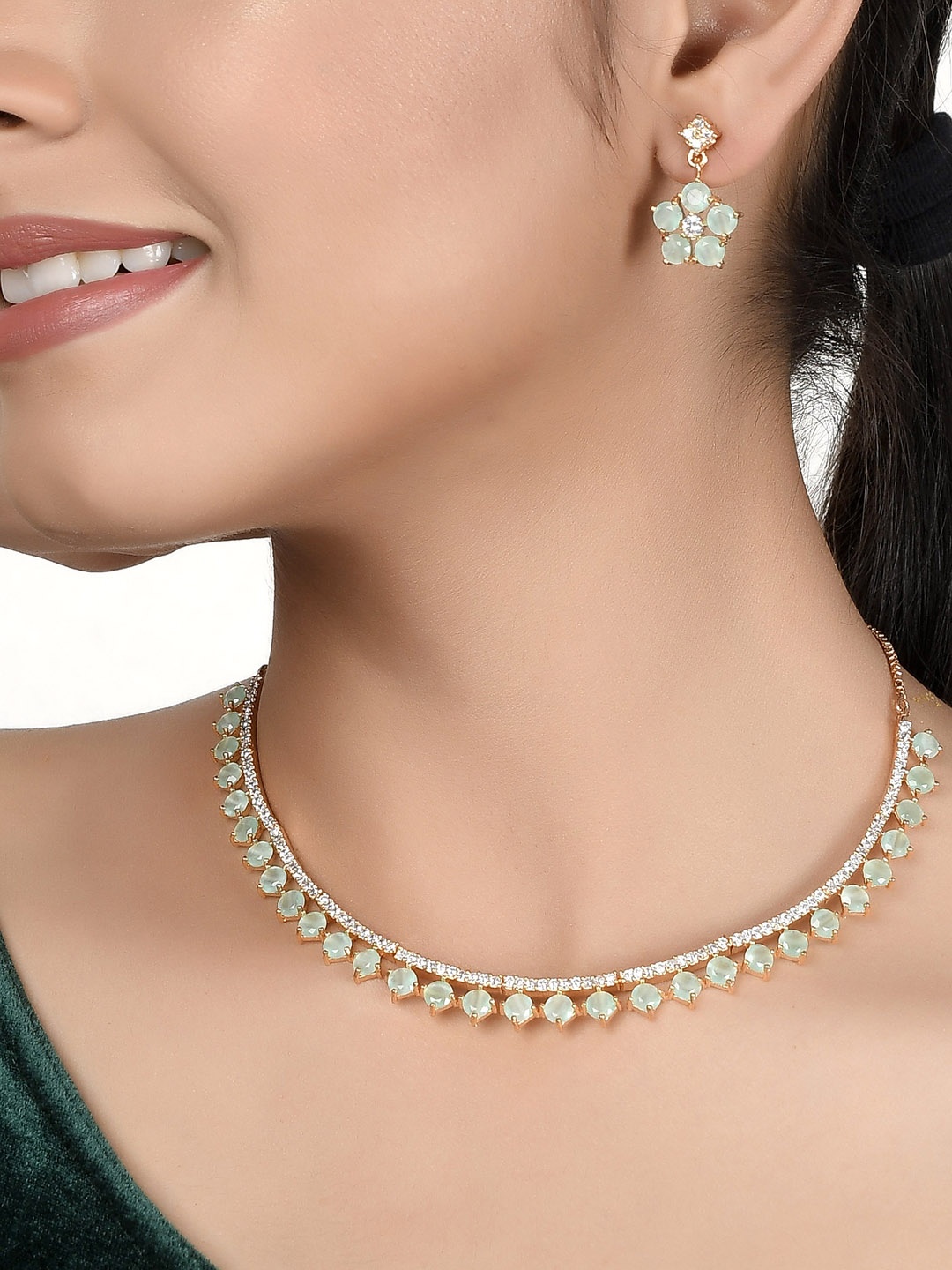 

AQUASTREET JEWELS Gold-Plated Light-Green & White CZ-Studded Jewellery Set