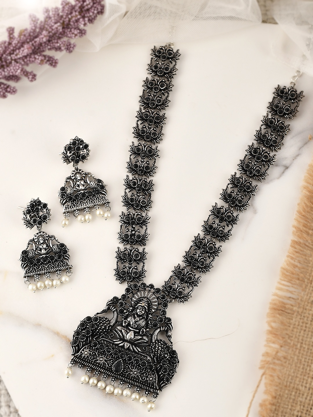 

AQUASTREET JEWELS Silver Oxidised Plated Handcrafted Divine Lakshmi on Peacock Stone Necklace Set, Black