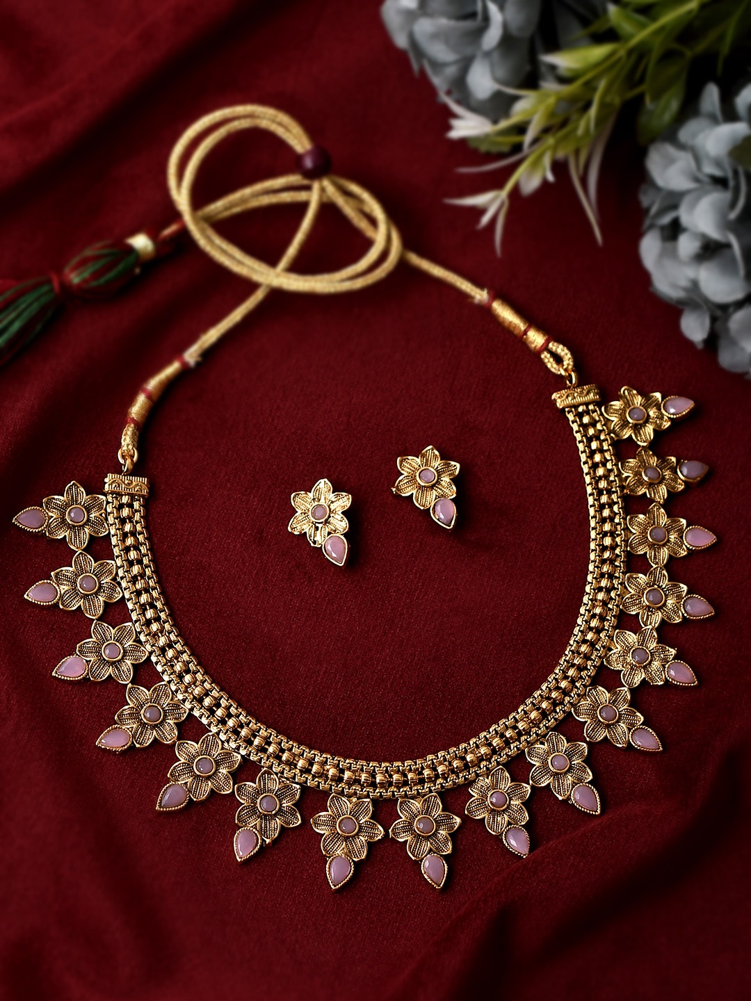 

AQUASTREET JEWELS Antique Gold plated Pink Floral Designed Necklace Jewelry Set