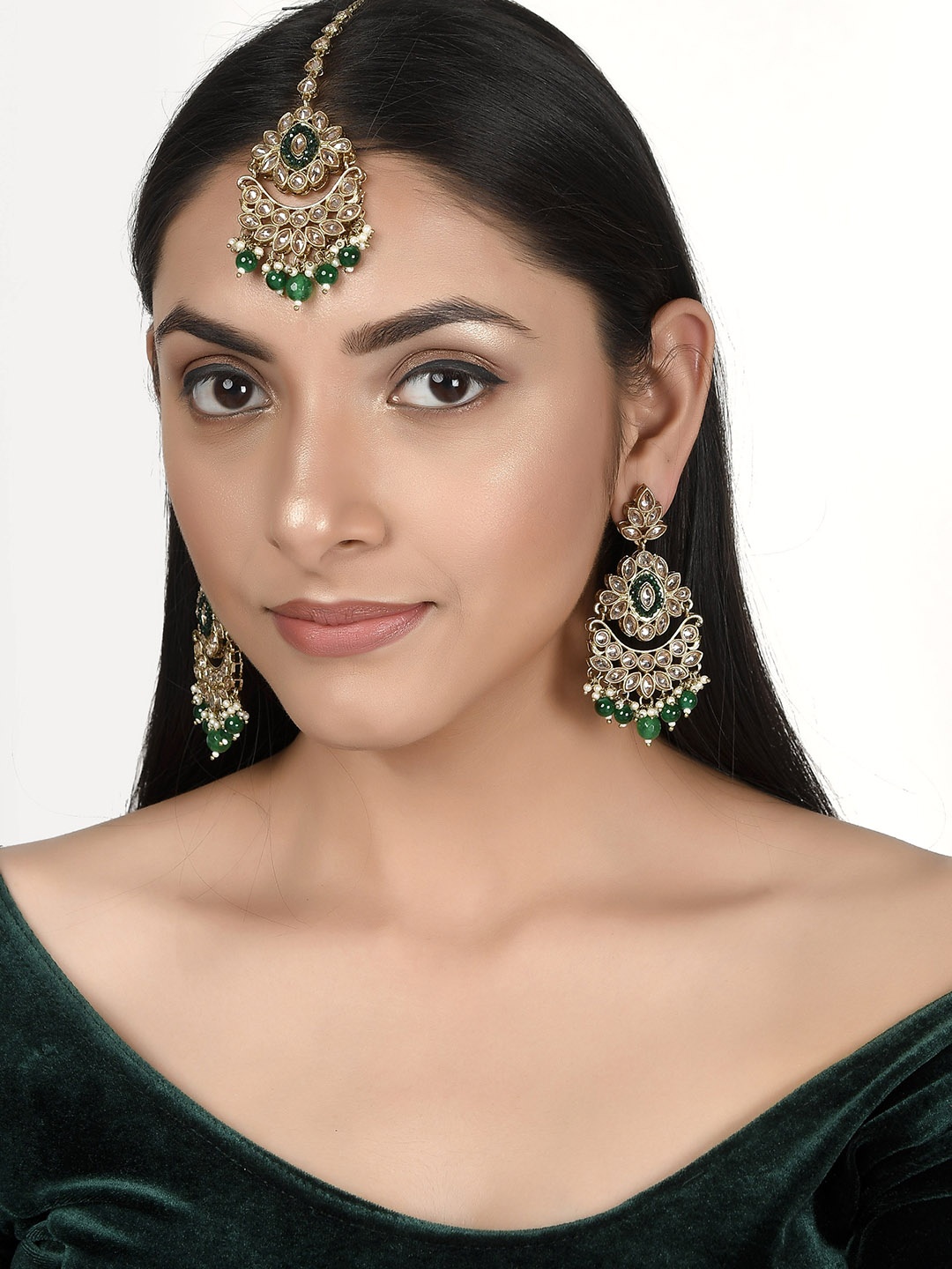 

AQUASTREET JEWELS Gold-Plated Beige & Green AD-Studded & Beaded Maangtikaa & Earrings Set