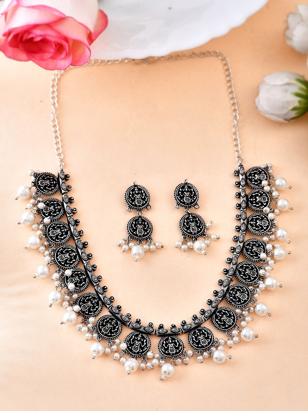 

AQUASTREET JEWELS Oxidized Silver-Plated White Lakshmi in Coin Beaded Jewellery Set