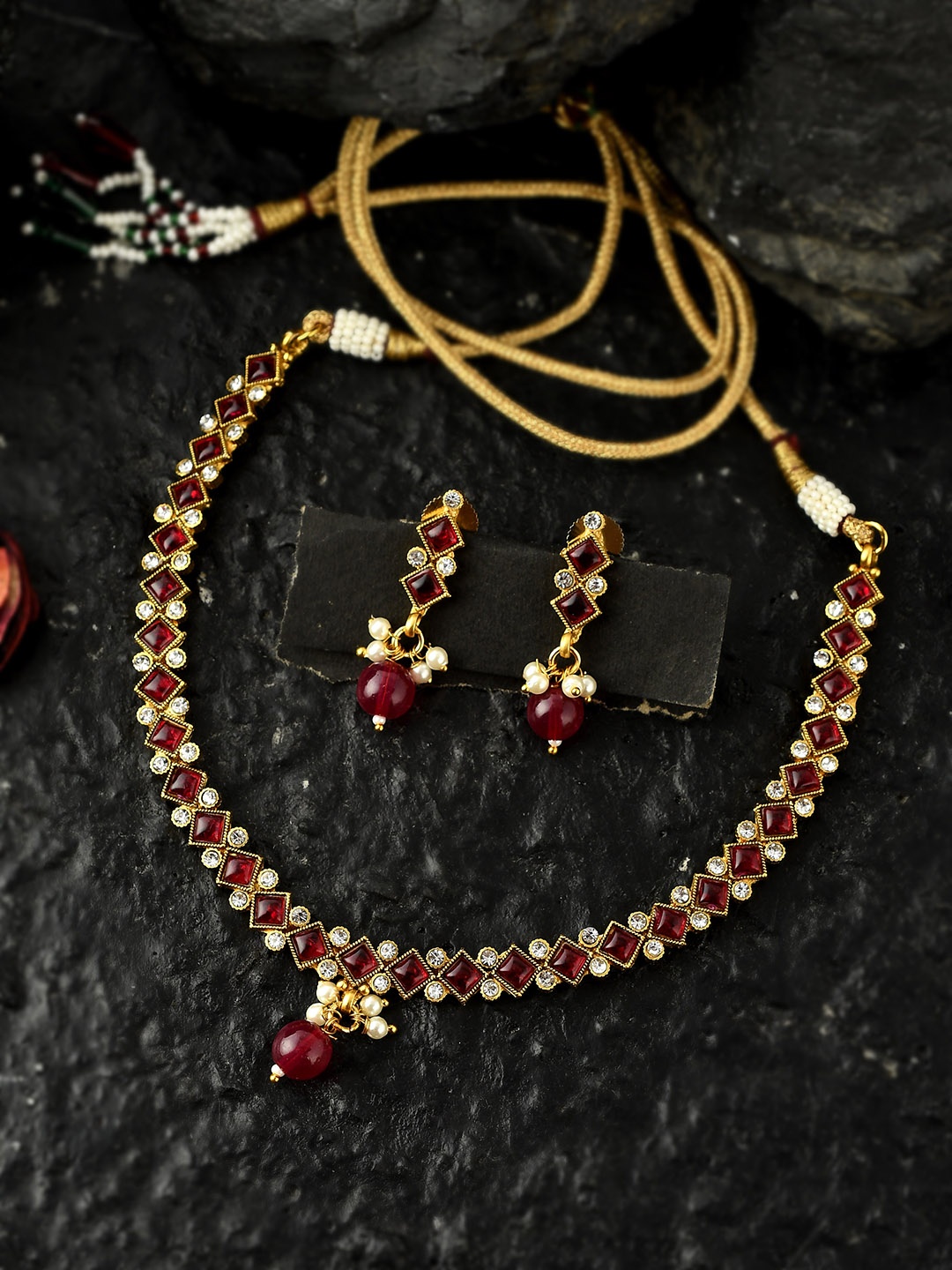 

AQUASTREET JEWELS Gold-Plated Red & White Ruby Crystal-Studded Jewellery Set