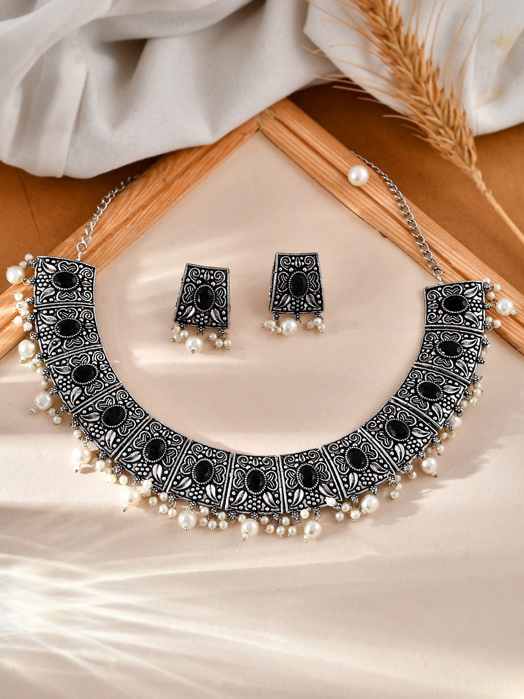 

AQUASTREET JEWELS Oxidised Silver-Plated & Black Stone Studded Pearl Beaded Necklace Set