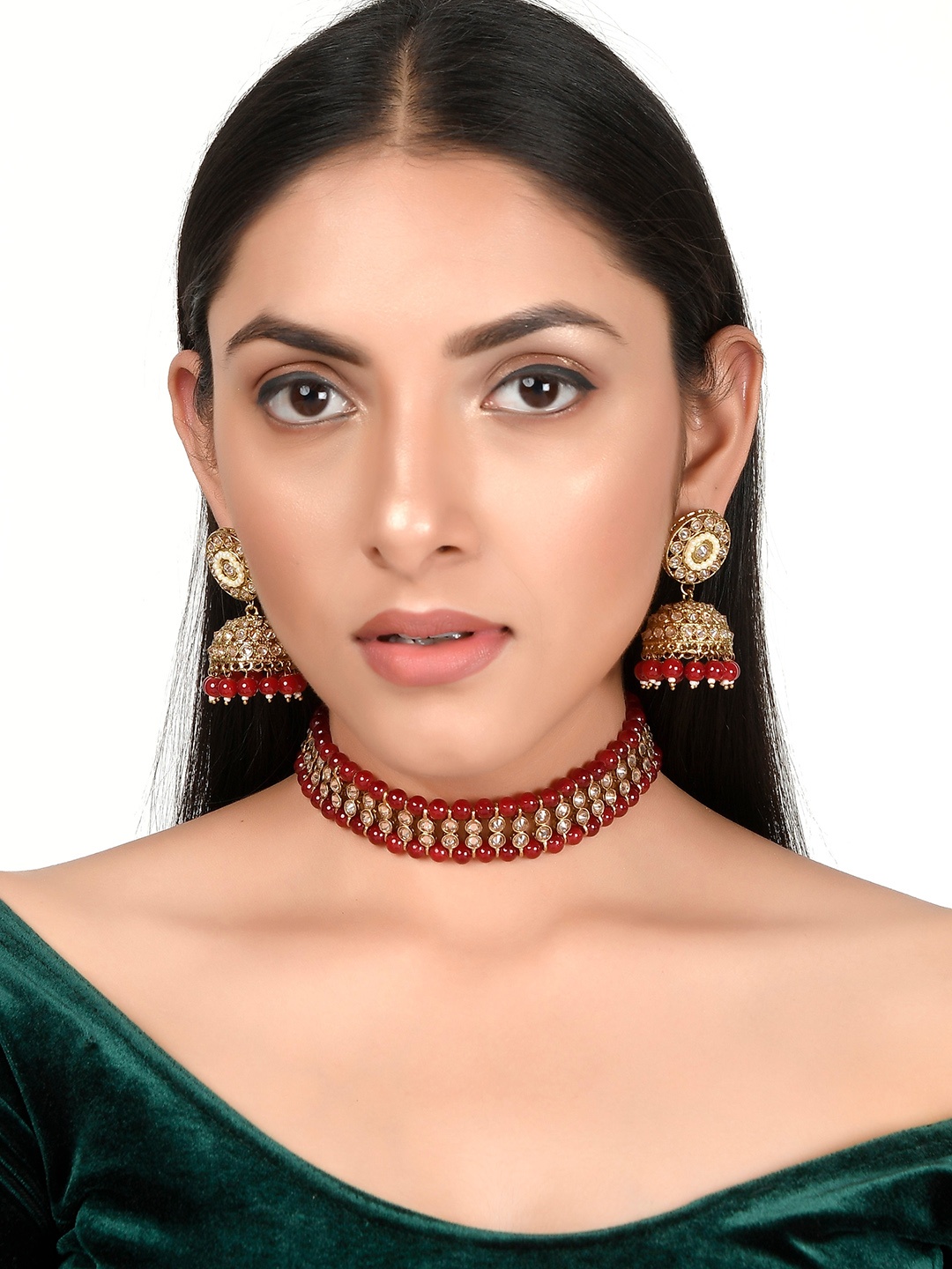 

AQUASTREET JEWELS Red & Gold Plated Polki AD Studded Necklace With Earrings Jewellery Set