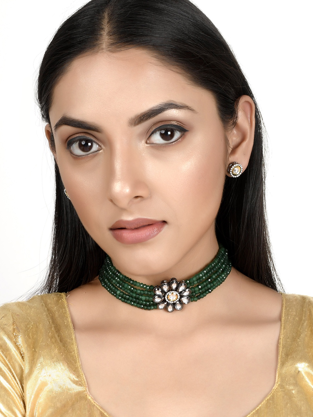 

AQUASTREET JEWELS Black Rhodium Plated Kundan Studded & Beaded Strings Choker Necklace Set, Green