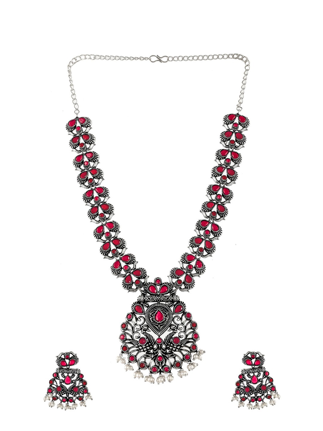 

AQUASTREET JEWELS Oxidized Silver-Plated & Red Stone-Studded Peacock Motif Jewellery Set