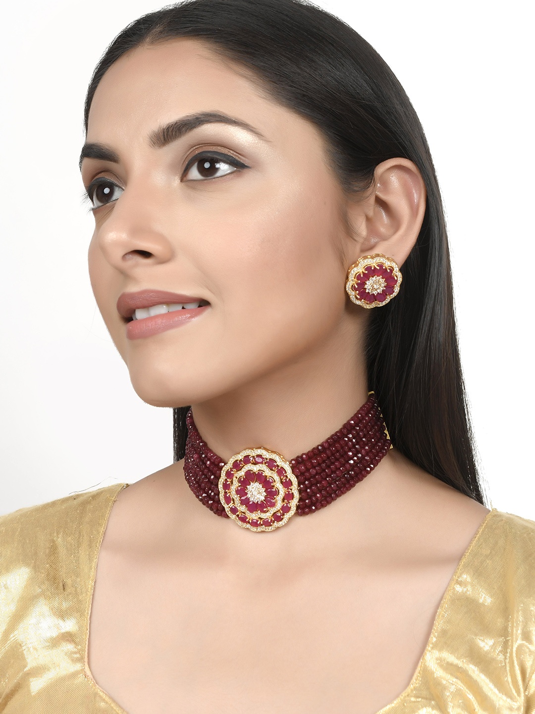 

AQUASTREET JEWELS Gold Plated Ruby AD Studded Big Pendant & Beaded Strings Choker AD Necklace Set, Maroon