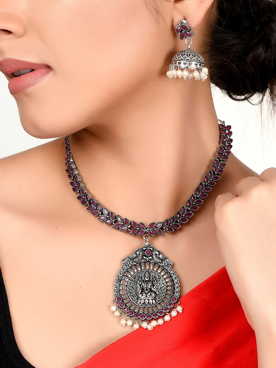 

AQUASTREET JEWELS Silver Oxidised Plated Divine Lakshmi with Faux Ruby Stone Necklace Set