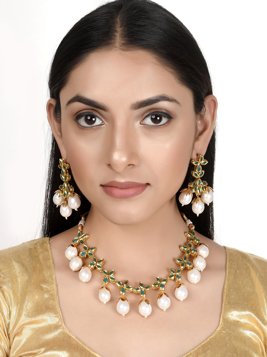 

AQUASTREET JEWELS Green Meenakari & Kundan Necklace Set, Gold