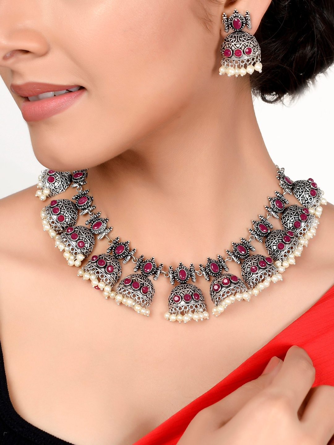 

AQUASTREET JEWELS Oxidised Silver Toned Dome shape Necklace Set with Faux Ruby