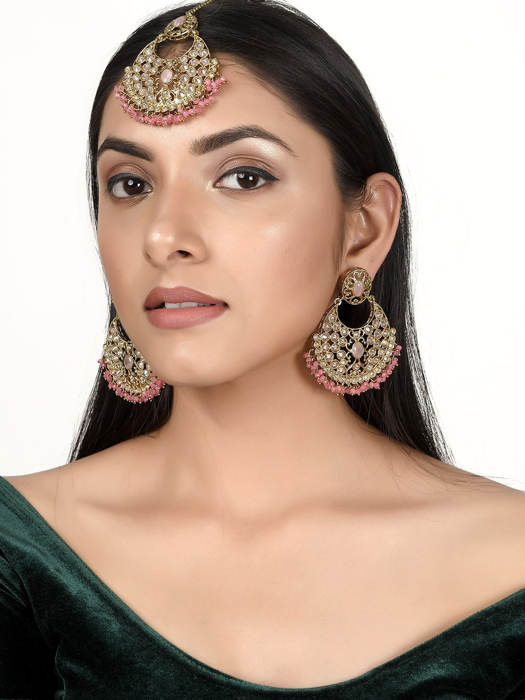 

AQUASTREET JEWELS Gold-Plated & Pink AD-Studded Beaded Jewellery Set