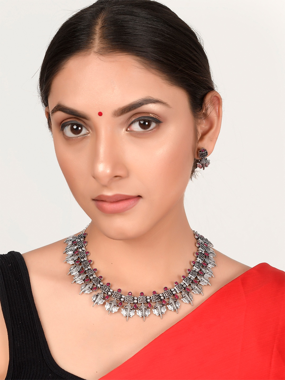 

AQUASTREET JEWELS Oxidised Silver-Plated Red Stones-Studded Divine Ganesh Jewellery Set