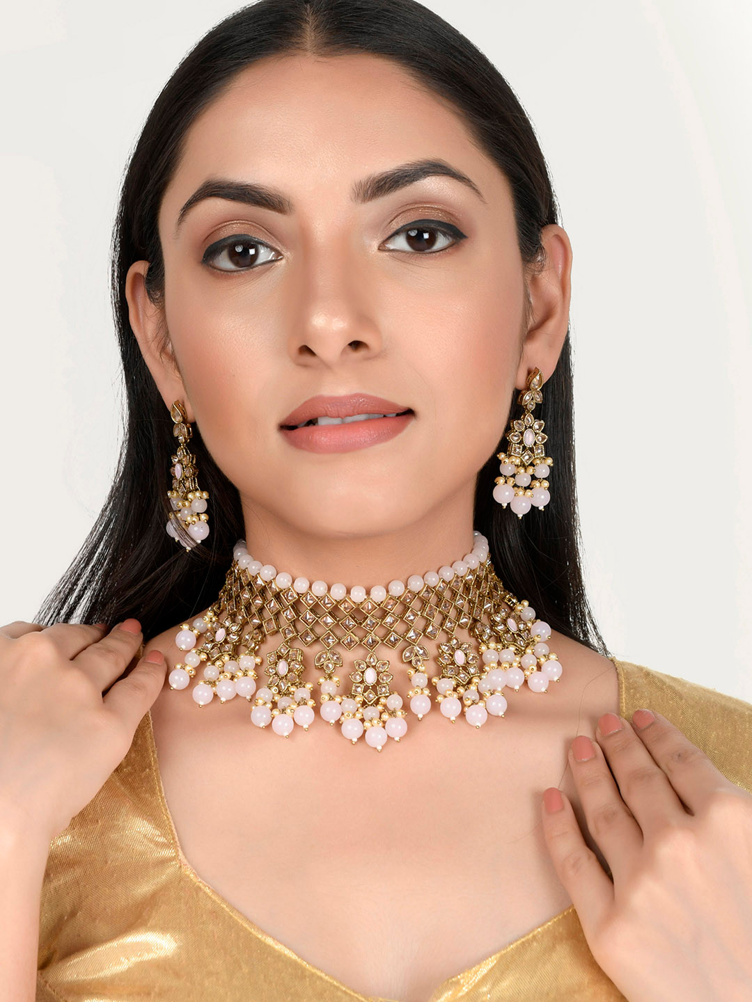 

AQUASTREET JEWELS Gold-Plated Pink AD Studded Tasseled Choker Jewellery Set