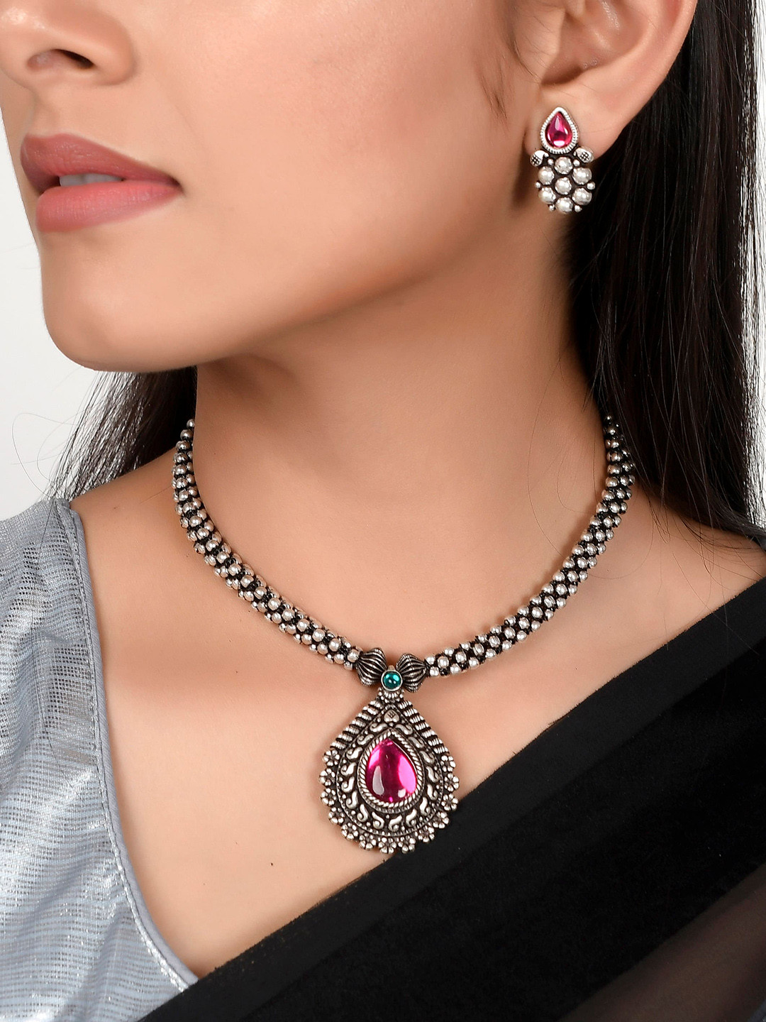 

AQUASTREET JEWELS Women Oxidised Silver Plated Ruby Stone Teardrop Pendant Necklace Set, Pink