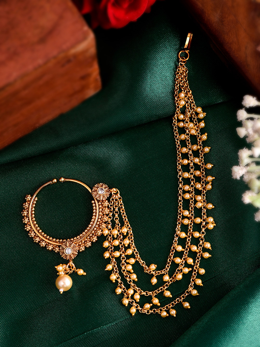 

AQUASTREET JEWELS Gold-Plated White Stone-Studded & Beaded Nosepin