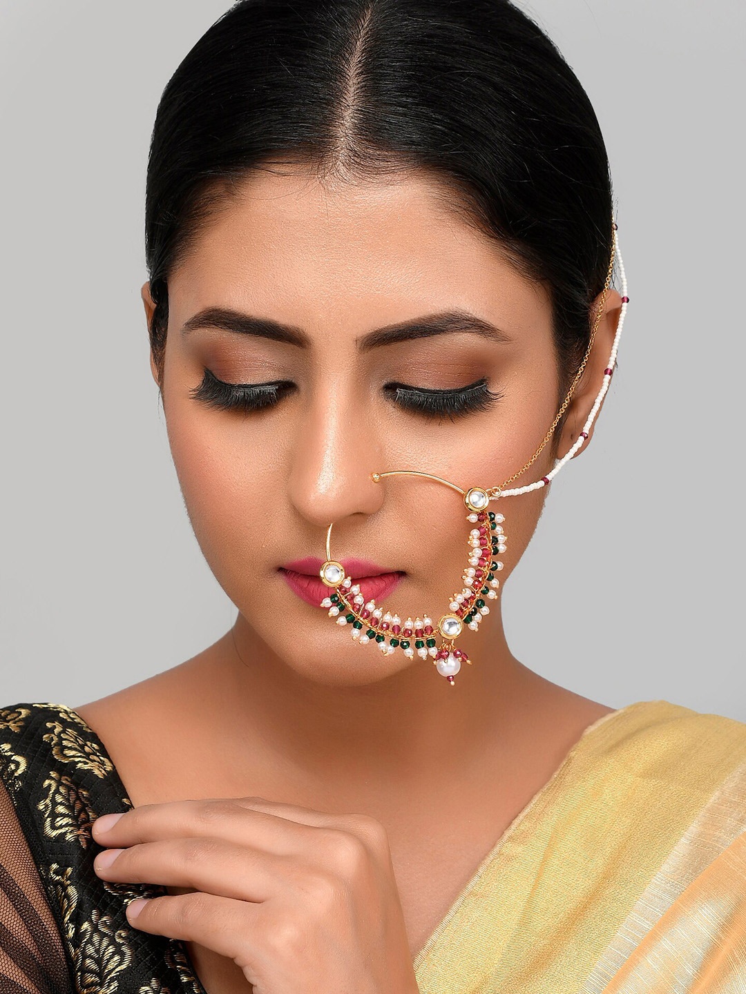 

AQUASTREET JEWELS Gold-Plated White & Red Stones-Studded & Beaded Mayur Nose Ring
