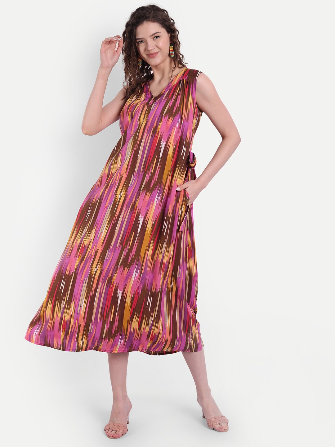 

MINGLAY Multicoloured & fired brick Striped Crepe A-Line Dress, Multi