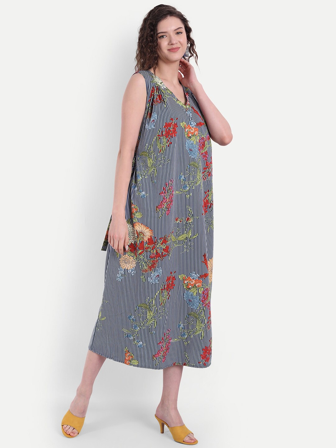 

MINGLAY Navy Blue & xiketic Floral Crepe A-Line Midi Dress