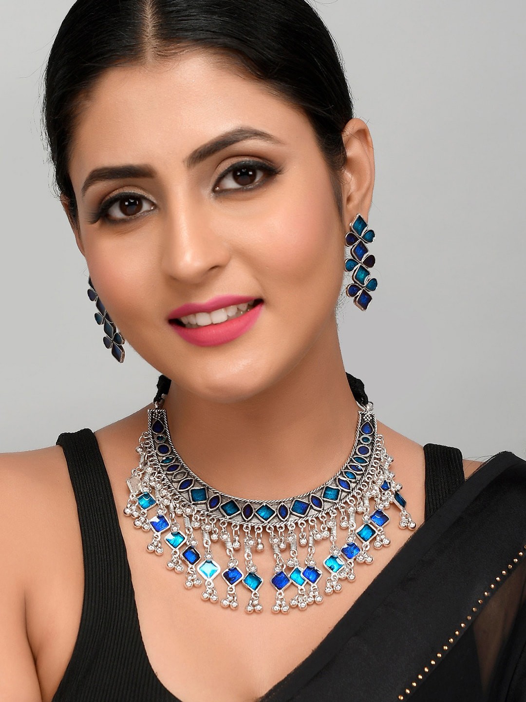 

AQUASTREET JEWELS Oxidised Silver-Plated & Blue Stone-Studded Afghani Jewellery Set