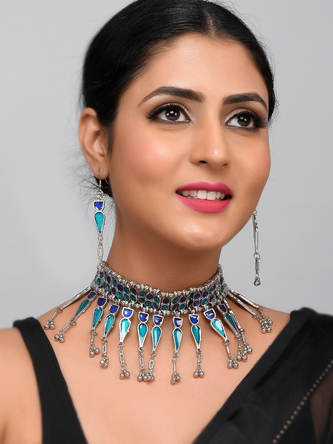 

AQUASTREET JEWELS Oxidised Silver-Plated Blue Stone-Studded Afghani Jewellery Set