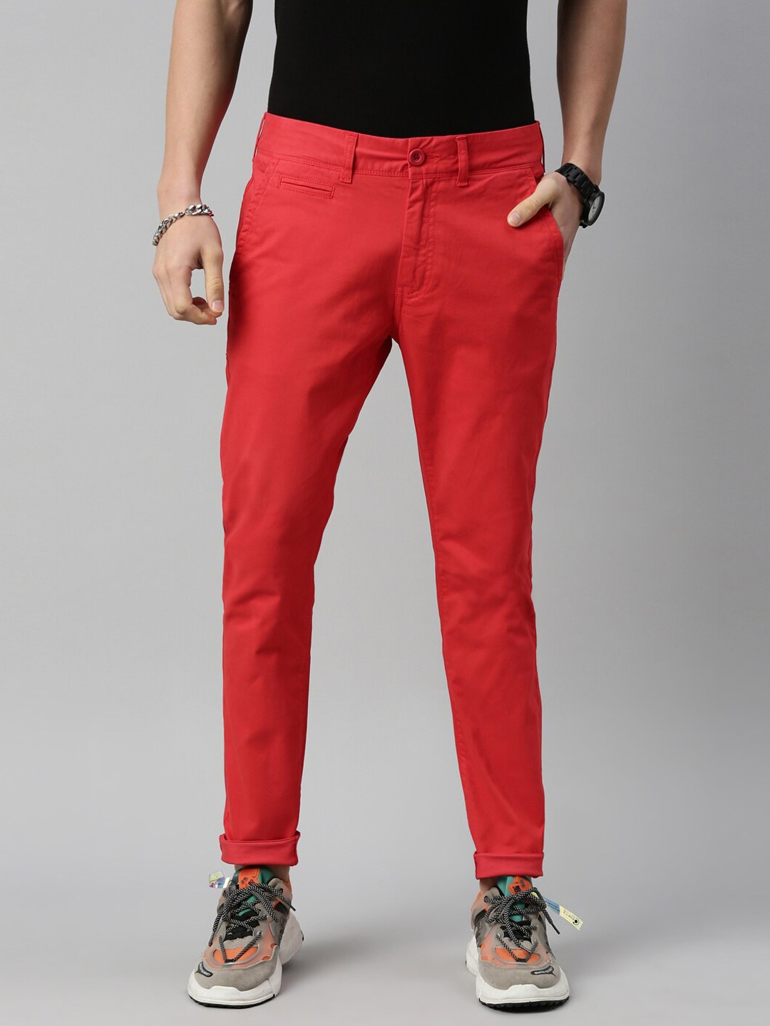 

Breakbounce Men Red Skinny Fit Low-Rise Chinos Trousers