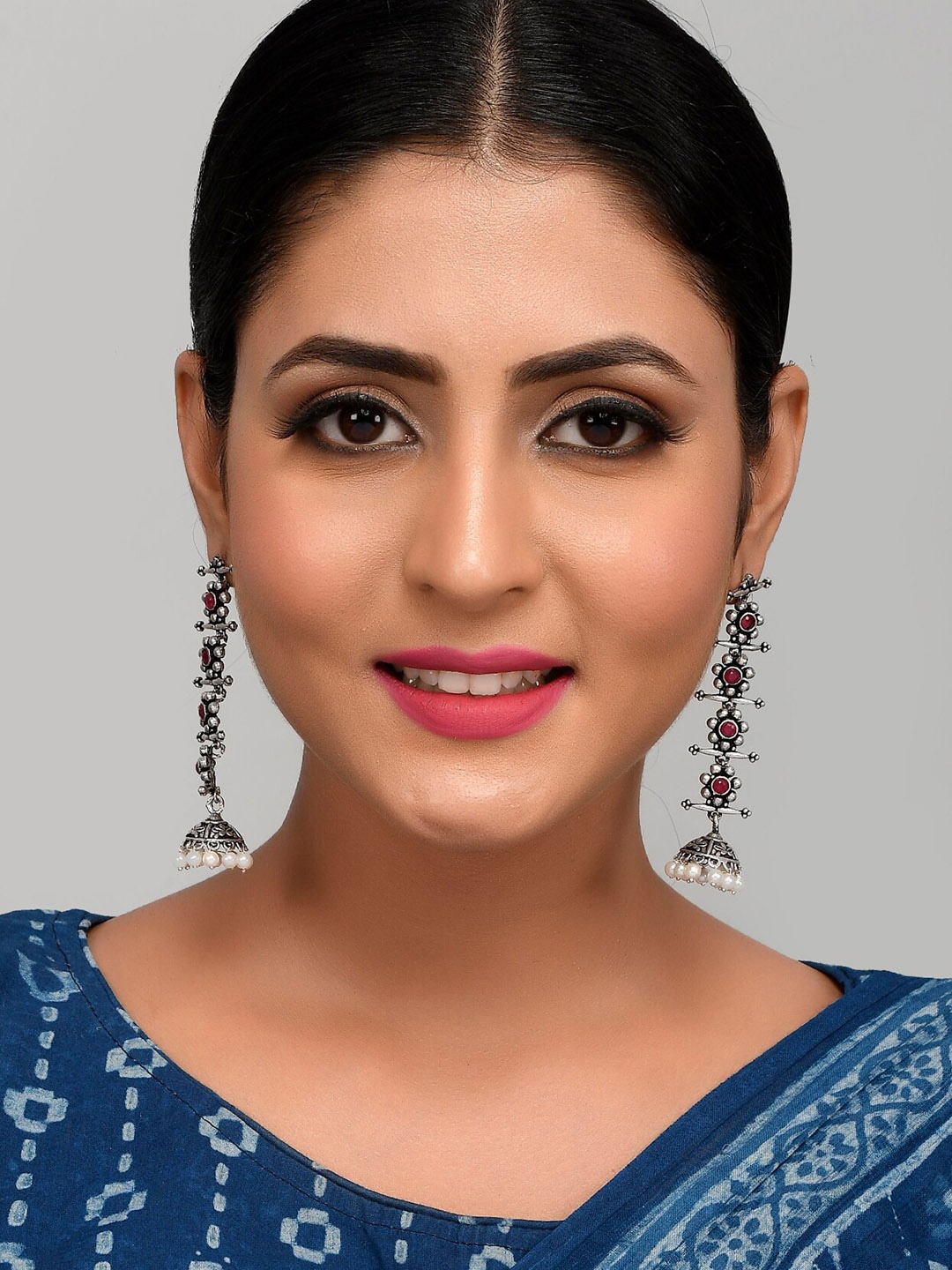 

AQUASTREET JEWELS Oxidised Silver-Plated Geometric Jhumkas Earrings, Red