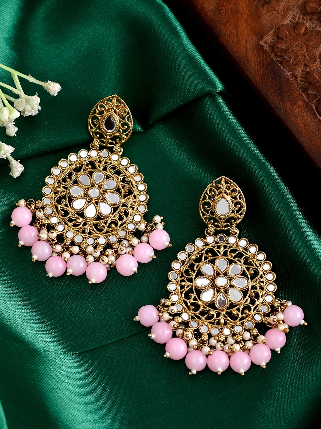 

AQUASTREET JEWELS Gold-Plated & Pink Mirror Classic Chandbalis Earrings
