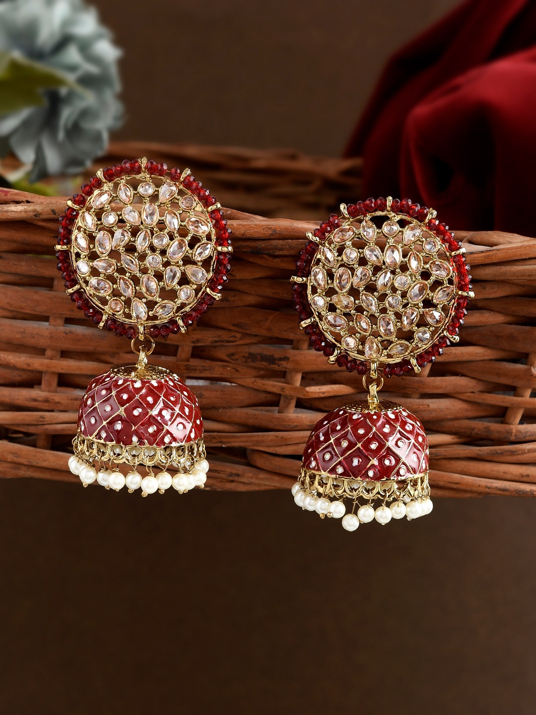 

AQUASTREET JEWELS Gold-Plated & Red Meenakari Circular Jhumkas Earrings