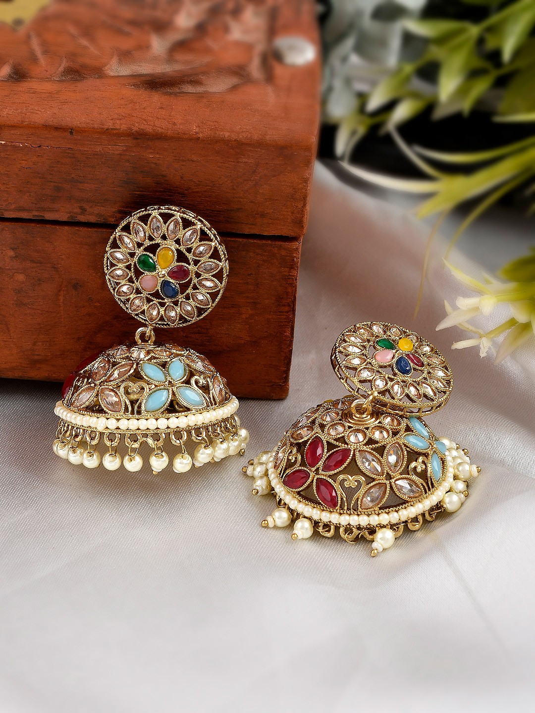 

AQUASTREET JEWELS Multicoloured & Gold-Plated AD Jhumkas Earrings, Multi
