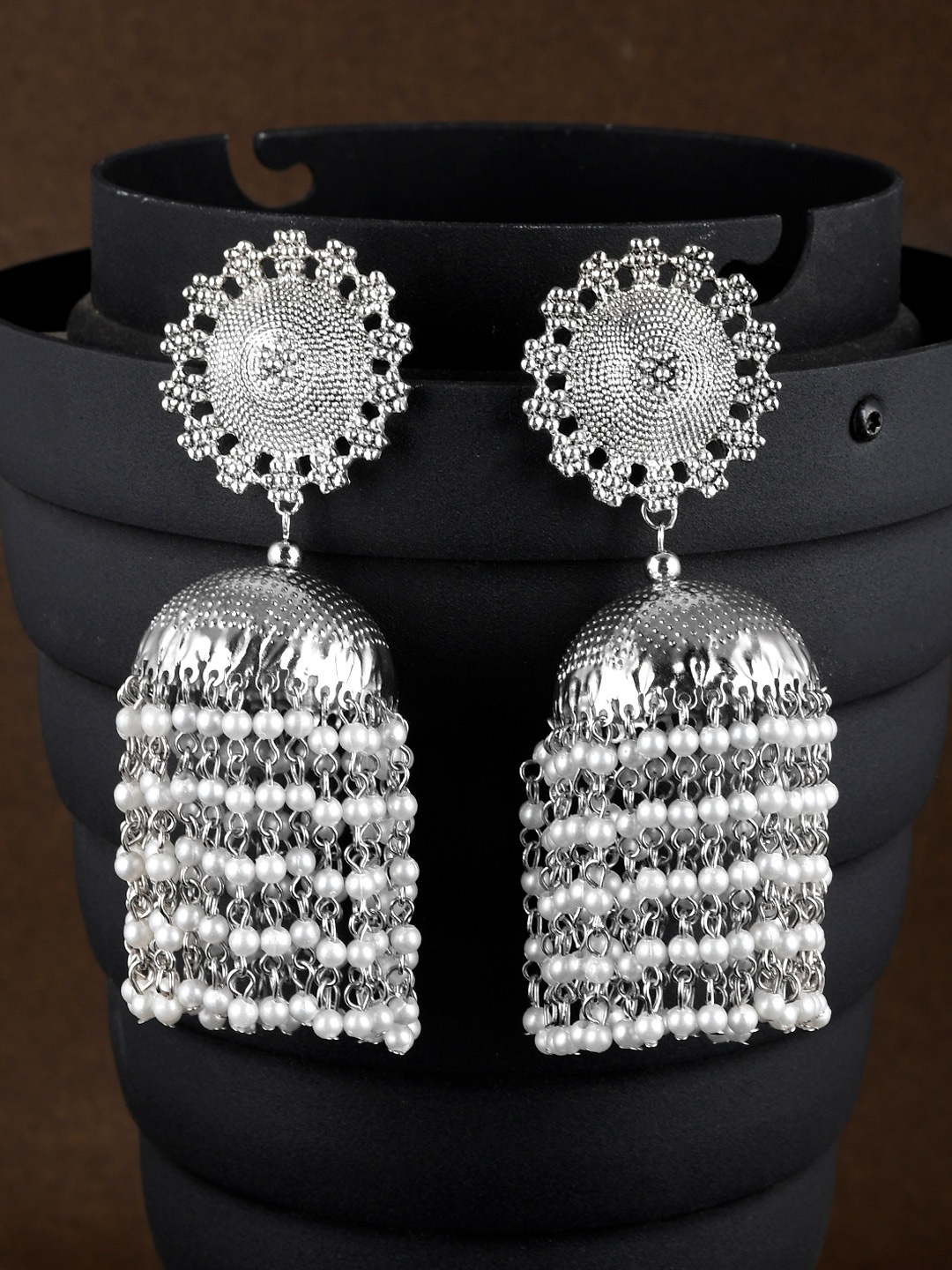 

AQUASTREET JEWELS Silver-Plated Oxidised Tassel Jhumkas Earrings
