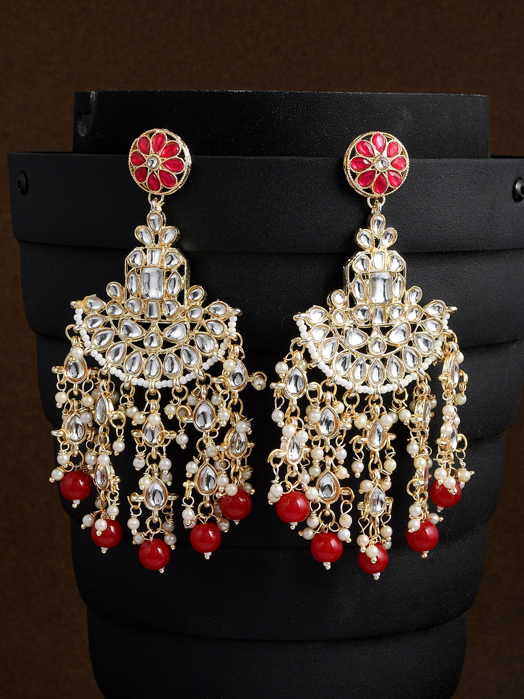 

AQUASTREET JEWELS Gold-Plated & Red Pearl Tassel Chandbalis Earrings