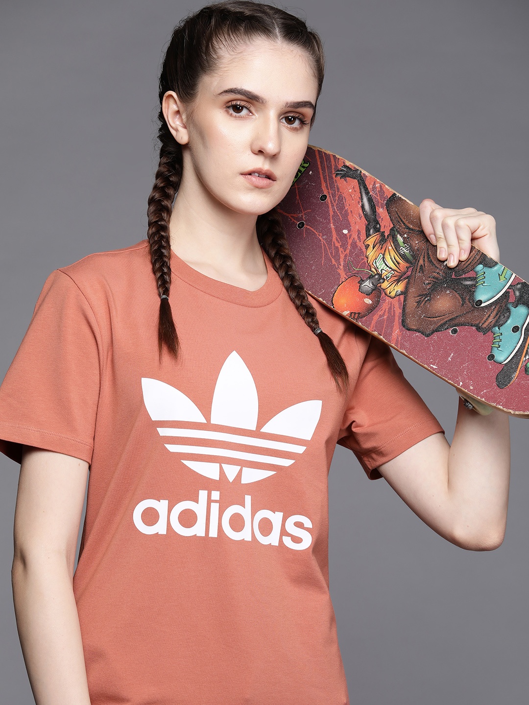 

ADIDAS Originals Women Rust Red Trefoil Brand Logo Printed T-shirt