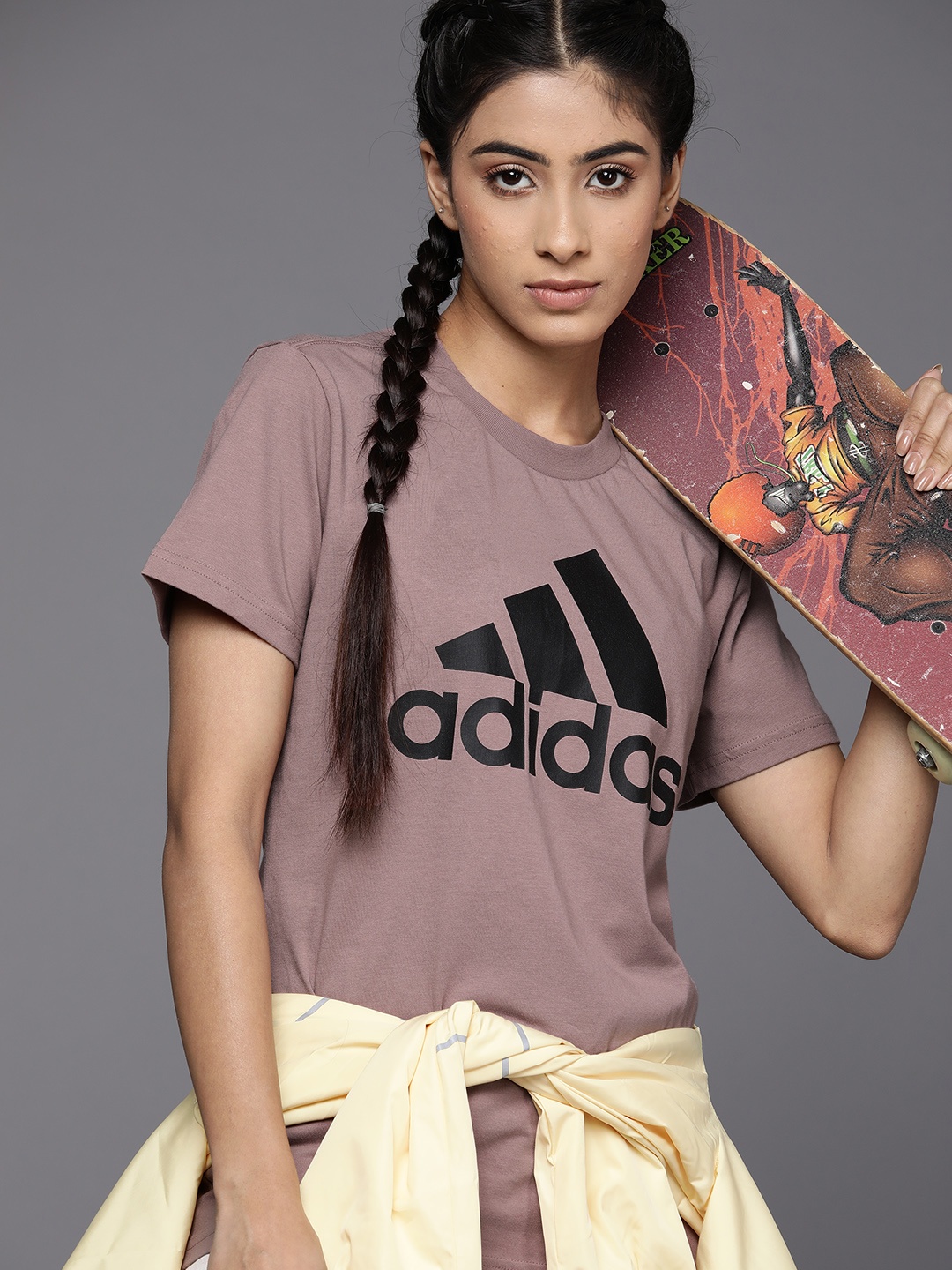 

ADIDAS Women Mauve & Black Brand Logo Printed Pure Cotton T-shirt