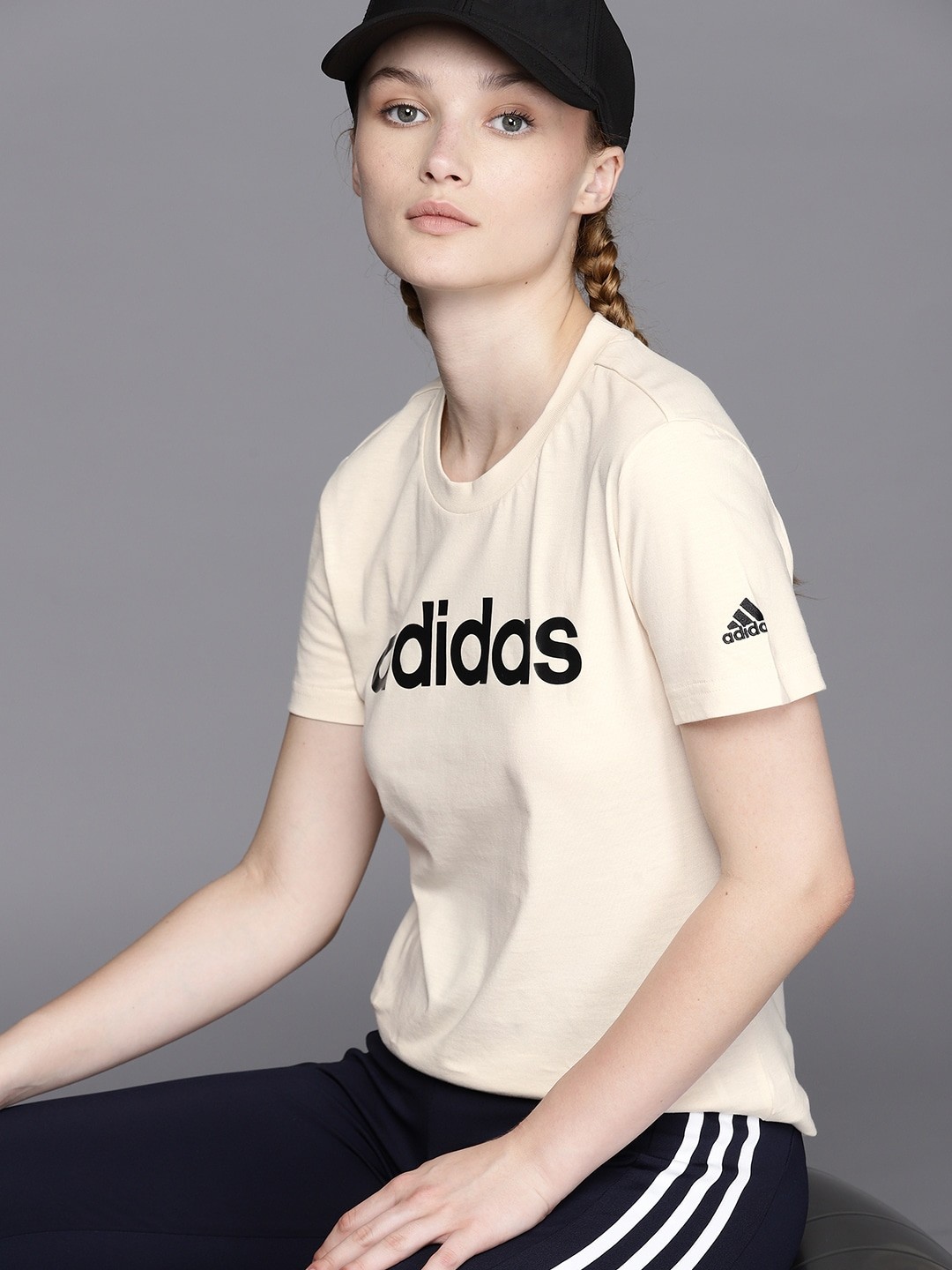 

ADIDAS Linear Brand Logo Print Pure Cotton T-shirt, Cream