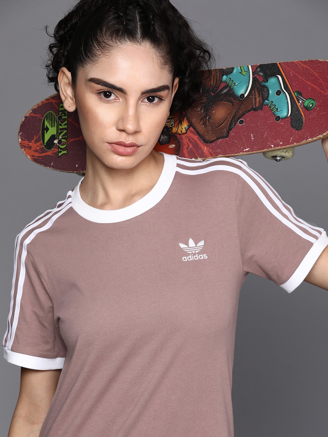 

ADIDAS Originals Women Mauve & White Brand Logo 3-Striped Pure Cotton T-shirt