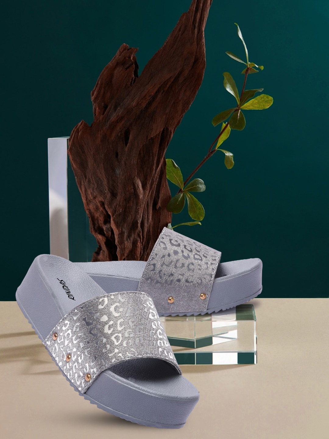 

RINDAS Women Grey Printed Open Toe Flats with Laser Cuts