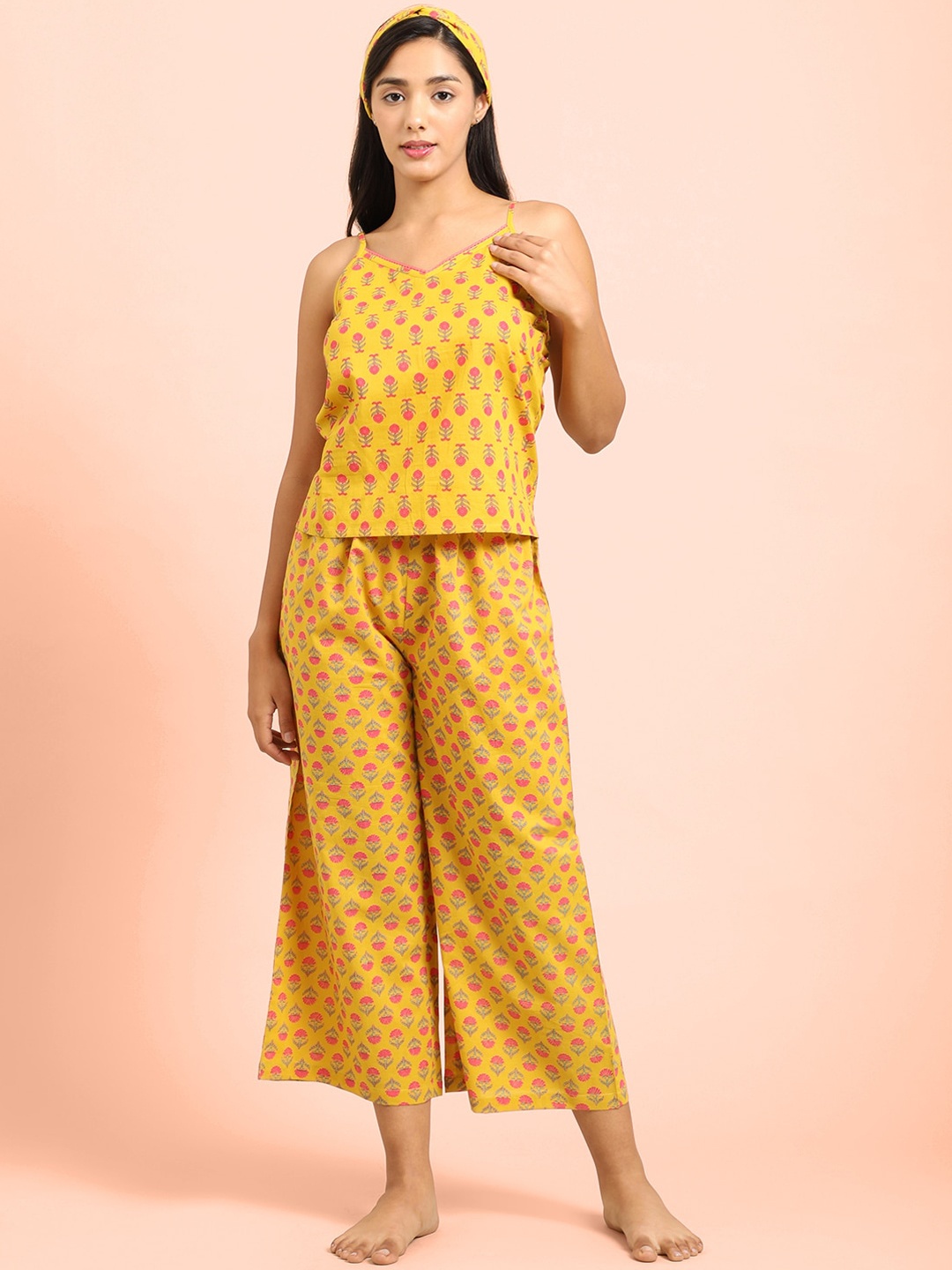 

Katn India Women Yellow & Pink Printed Cotton Night suit