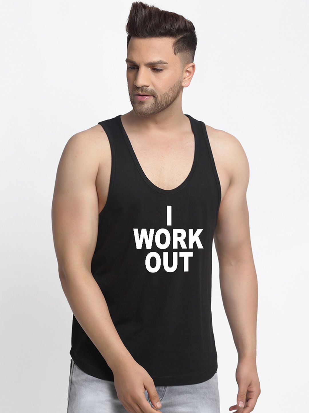 

Friskers Men Black Printed I Work Out Innerwear Vests