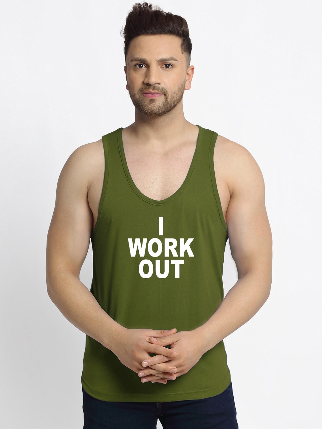 

Friskers Men Olive Printed I Work Out Innerwear Vests