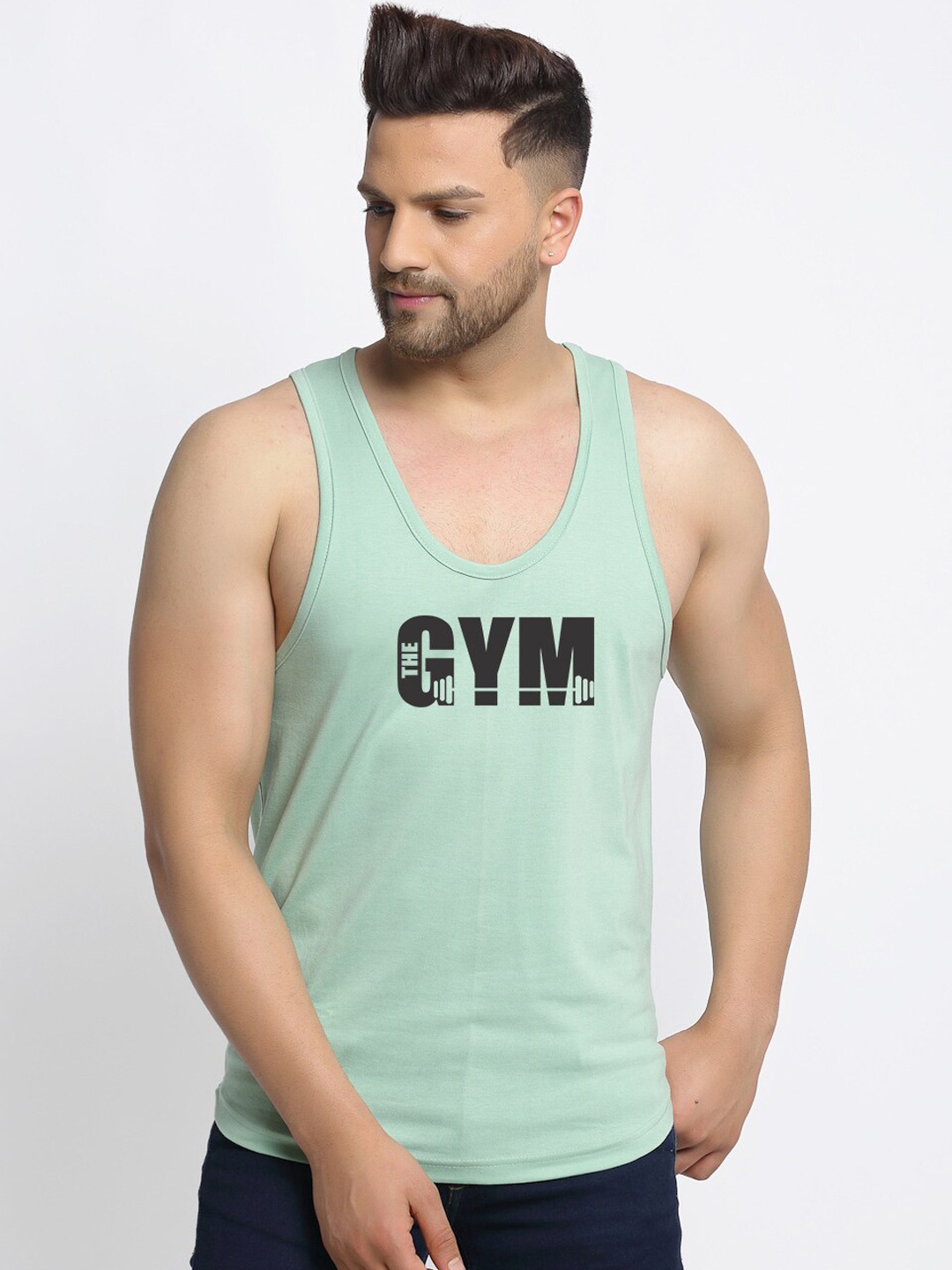 

Friskers Men Sea Green & Black Printed Cotton Innerwear Vests