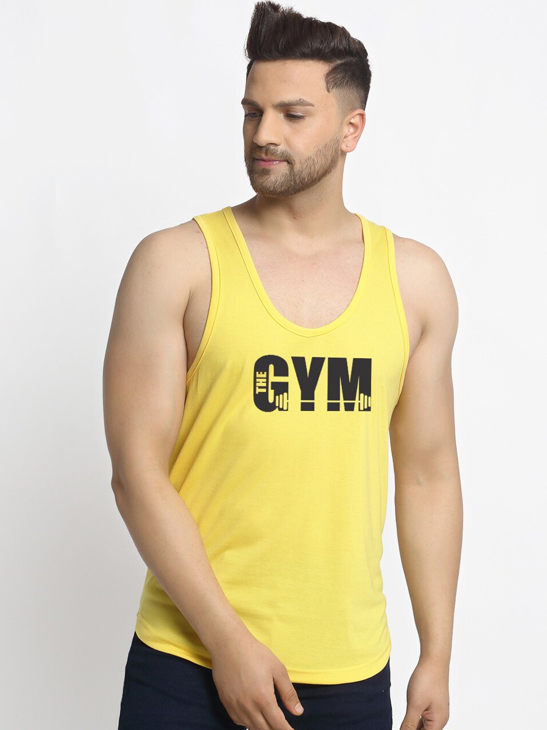 

Friskers Men Yellow & Black Printed Cotton Innerwear Vests