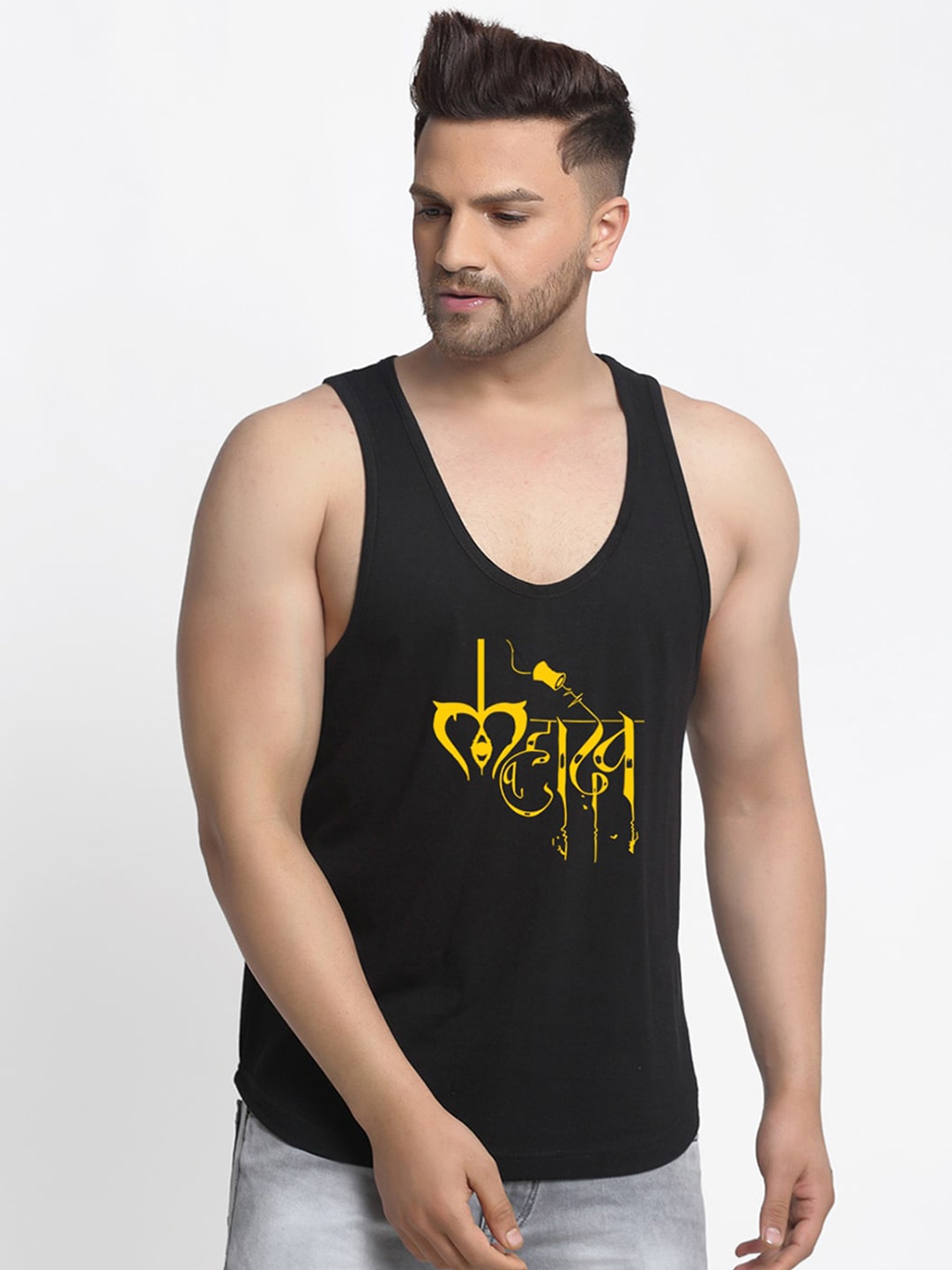 

Friskers Men Black & Yellow Printed Cotton Innerwear Vests