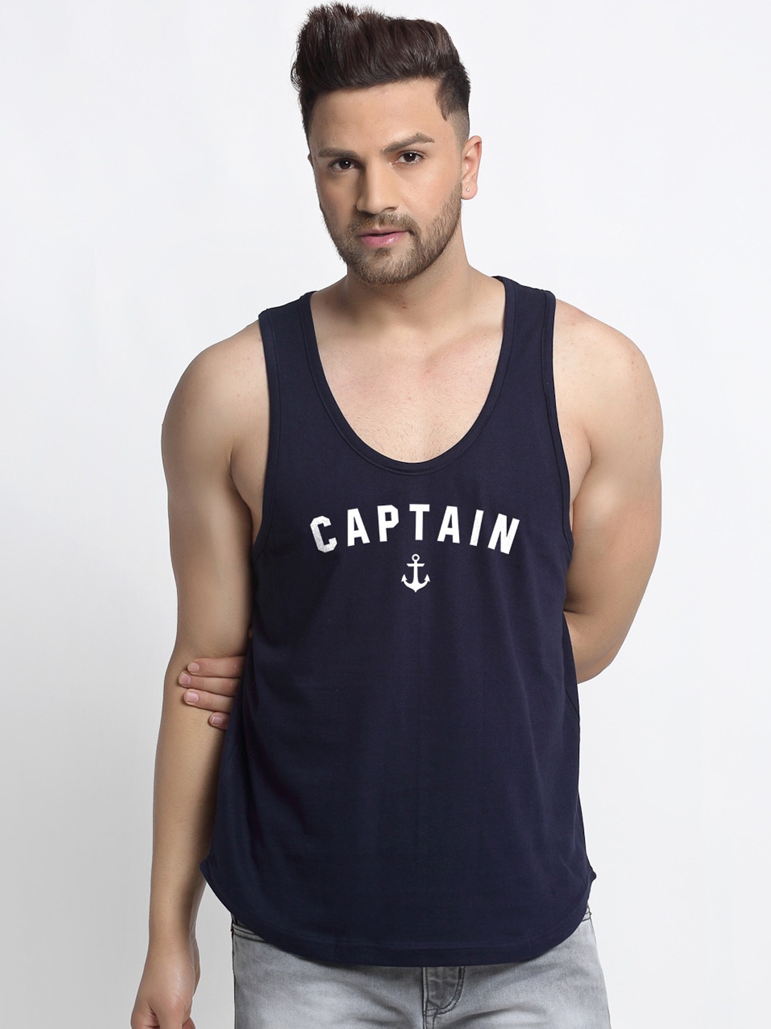 

Friskers Men Navy Blue & White Printed Cotton Innerwear Vests
