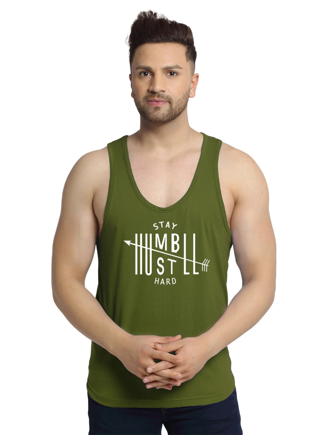 

Friskers Men Olive Green & White Printed Cotton Innerwear Vests