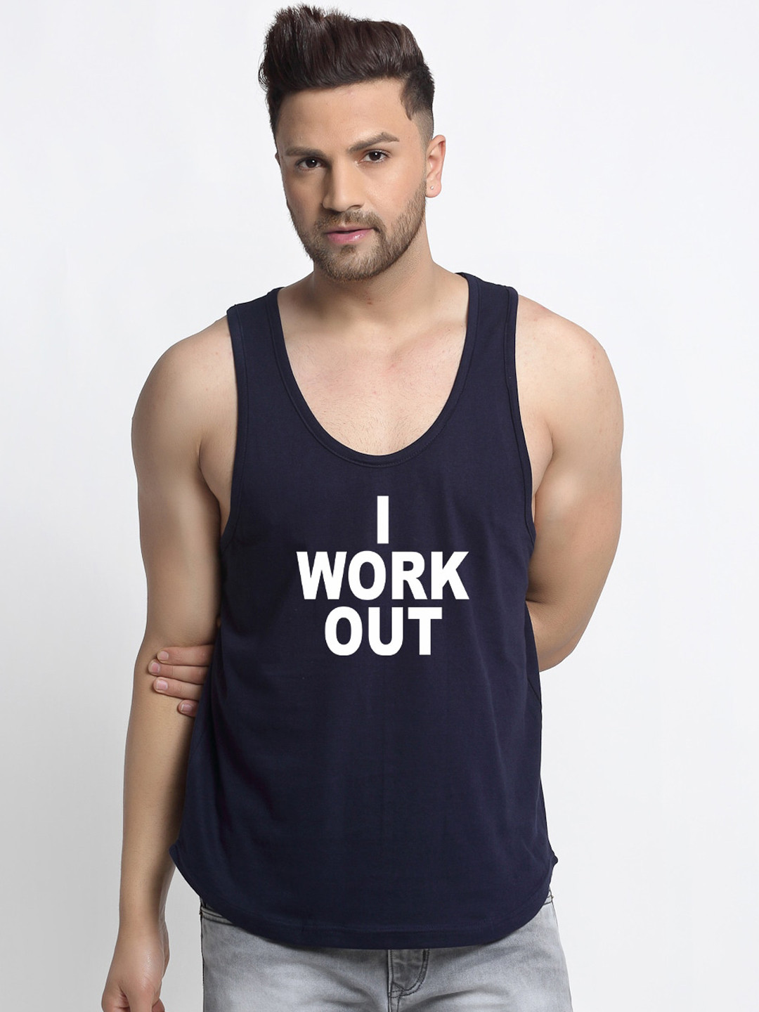 

Friskers Men Navy Blue Printed I Work Out Innerwear Vests