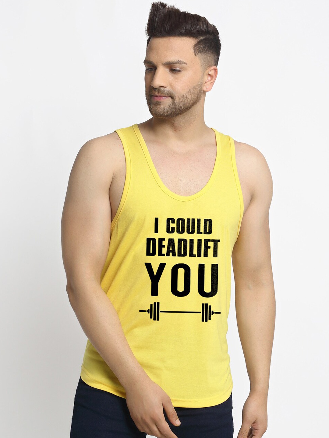 

Friskers Men Yellow Printed I Could Deadlift You Innerwear Vests
