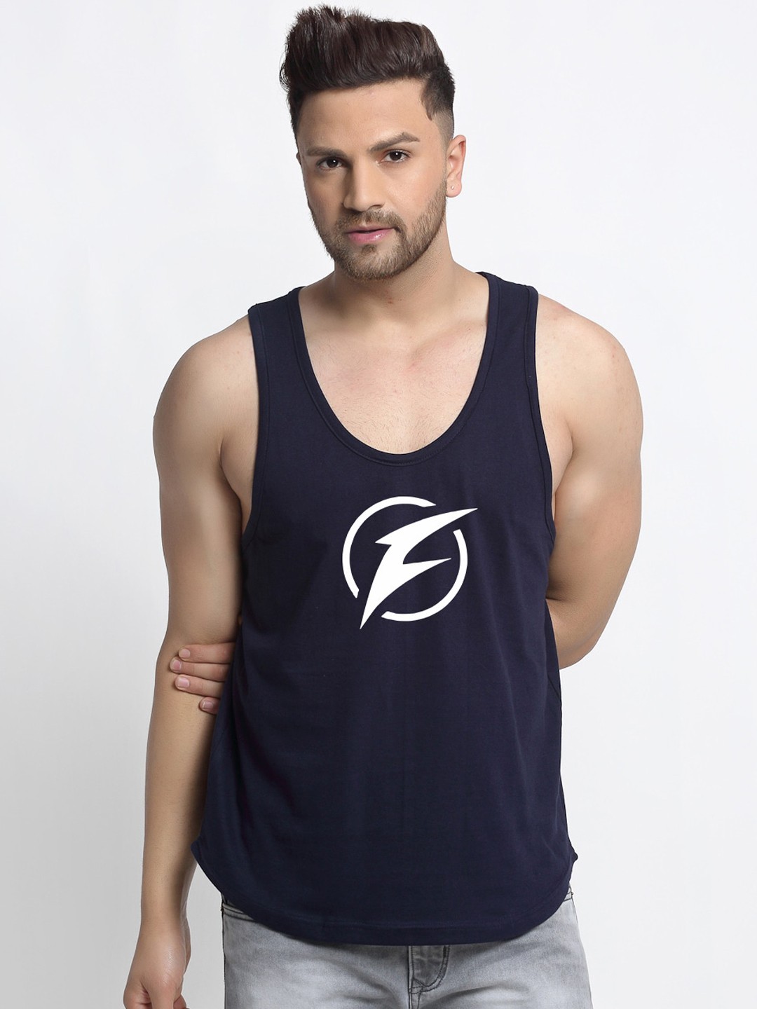 

Friskers Men Navy Blue & White Printed Cotton Innerwear Vests