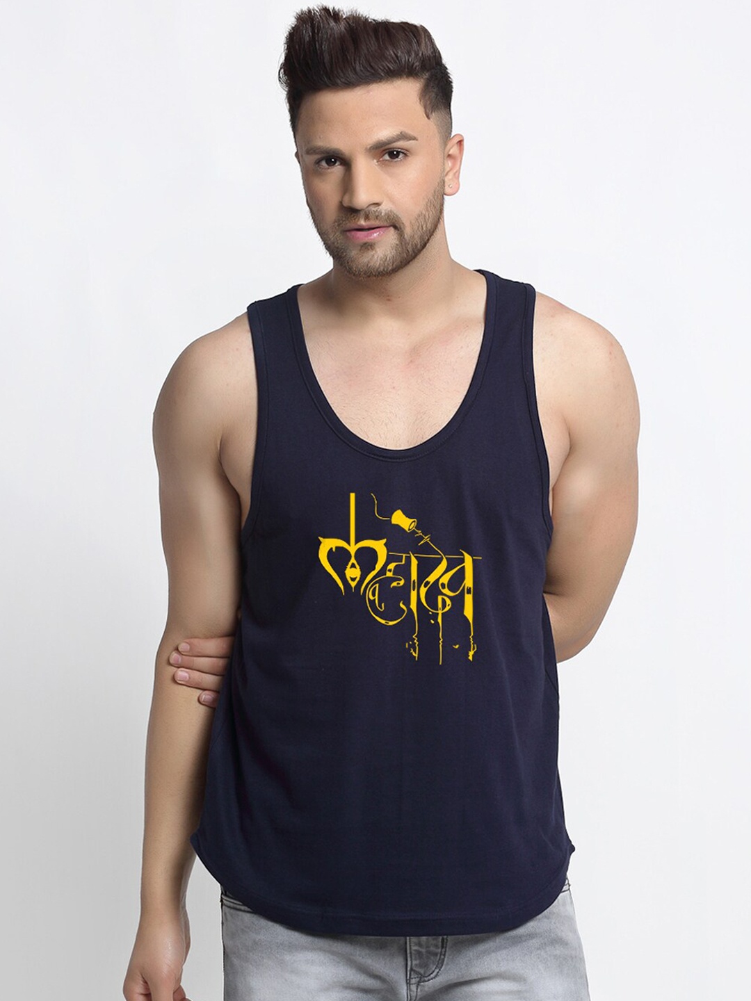 

Friskers Men Navy Blue & Yellow Printed Cotton Innerwear Vests