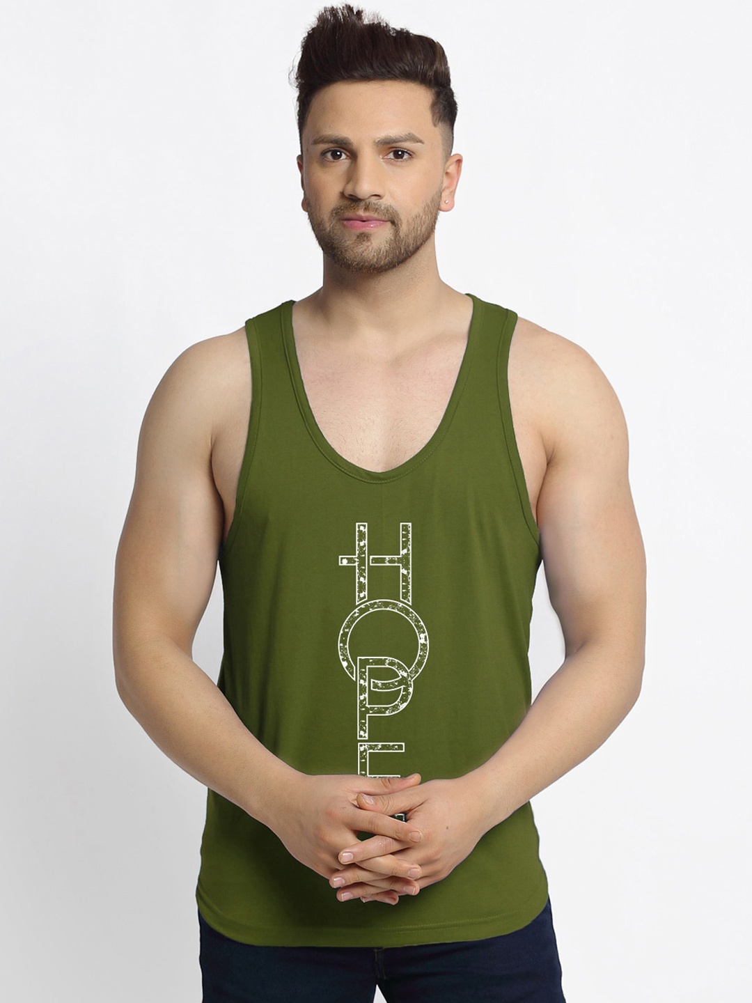 

Friskers Men Olive Green & White Printed Cotton Innerwear Vests