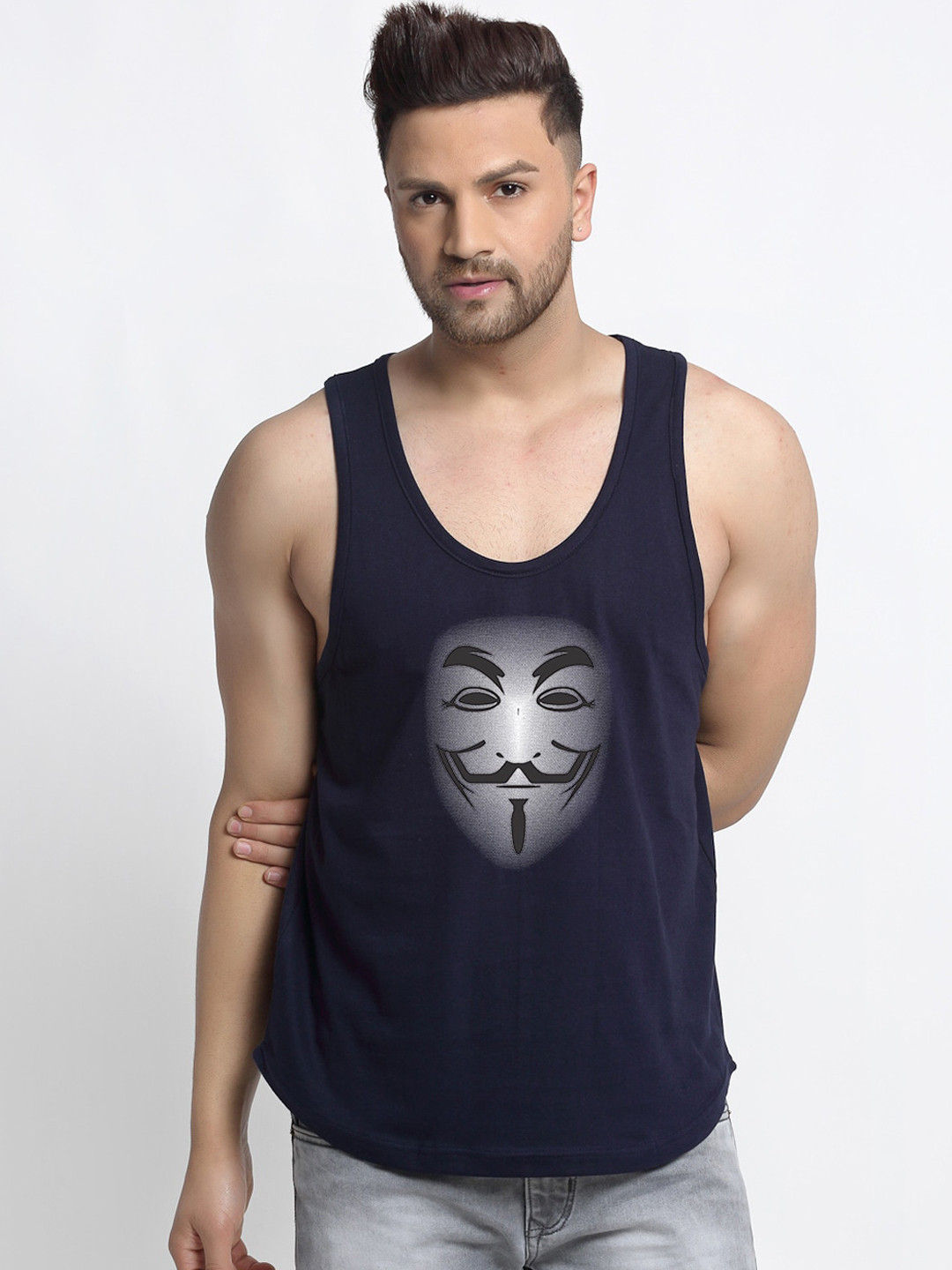 

Friskers Men Navy Blue & White Printed Cotton Innerwear Vests